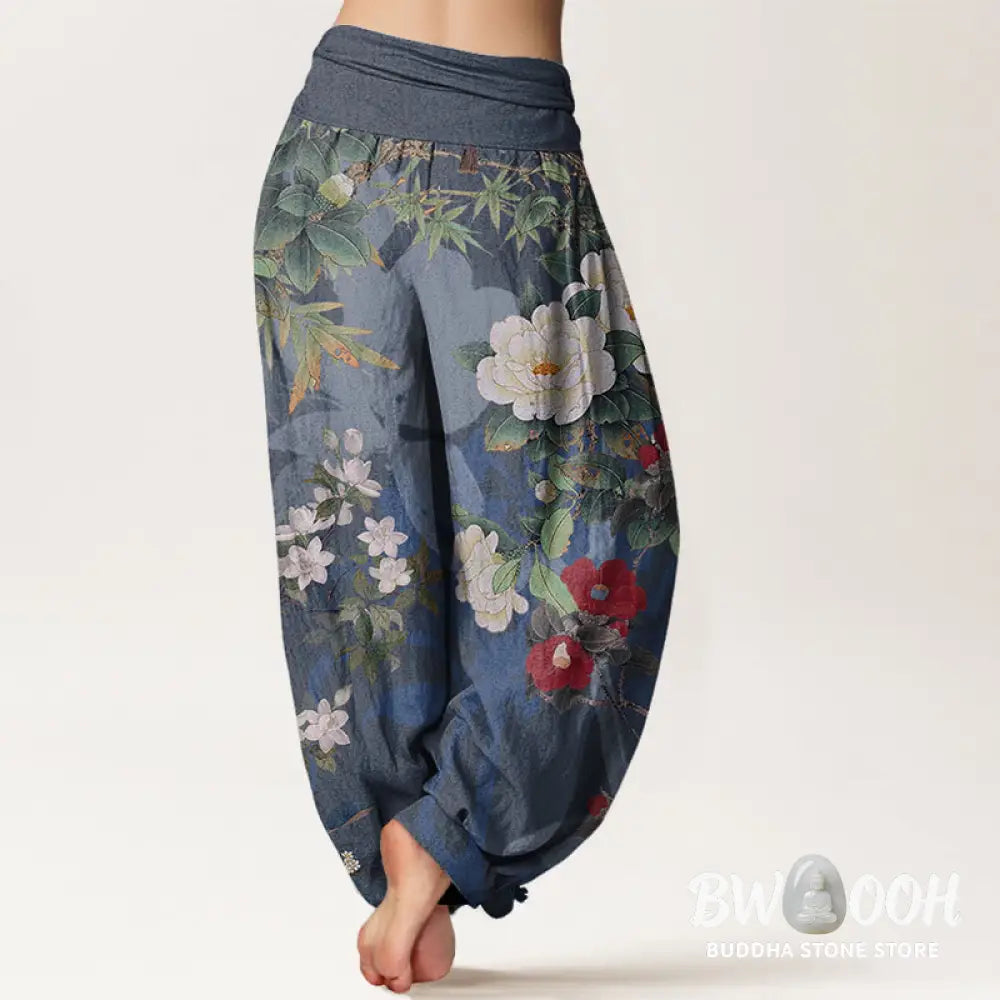 Buddha Stones Cotton Casual Peony Flowers Leaves Magpie Women’s Elastic Waist Harem Pants - Women’s Harem Pants