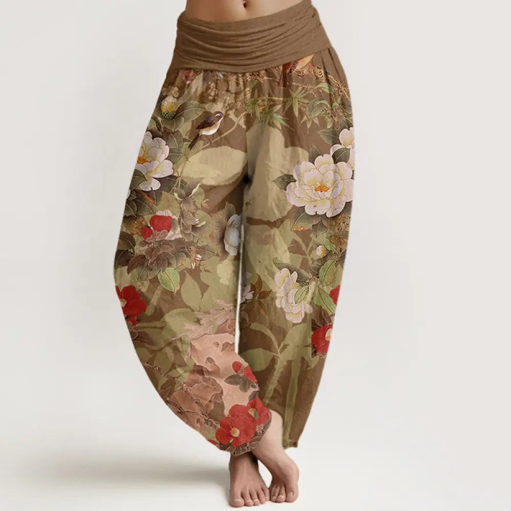 Buddha Stones Cotton Casual Peony Flowers Leaves Magpie Women’s Elastic Waist Harem Pants - DarkGoldenrod