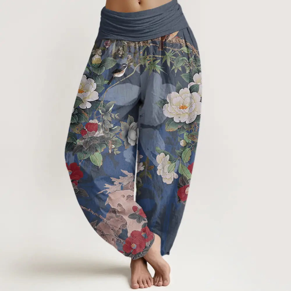 Buddha Stones Cotton Casual Peony Flowers Leaves Magpie Women’s Elastic Waist Harem Pants - SteelBlue / US2，UK/AU6，EU34