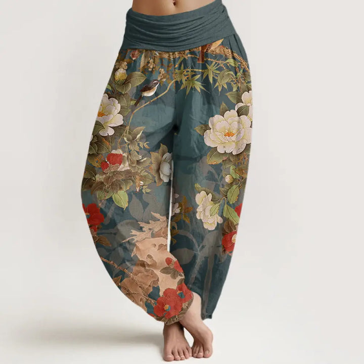 BWOOOH printed harem pants - Cotton Casual Peony Flowers Leaves Magpi