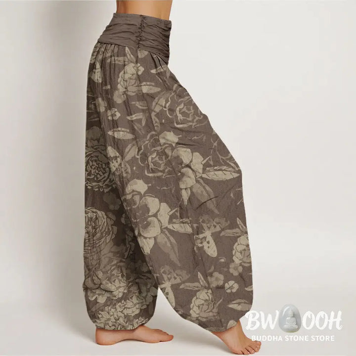 Buddha Stones Cotton Casual Peony Flowers Leaves Women&
