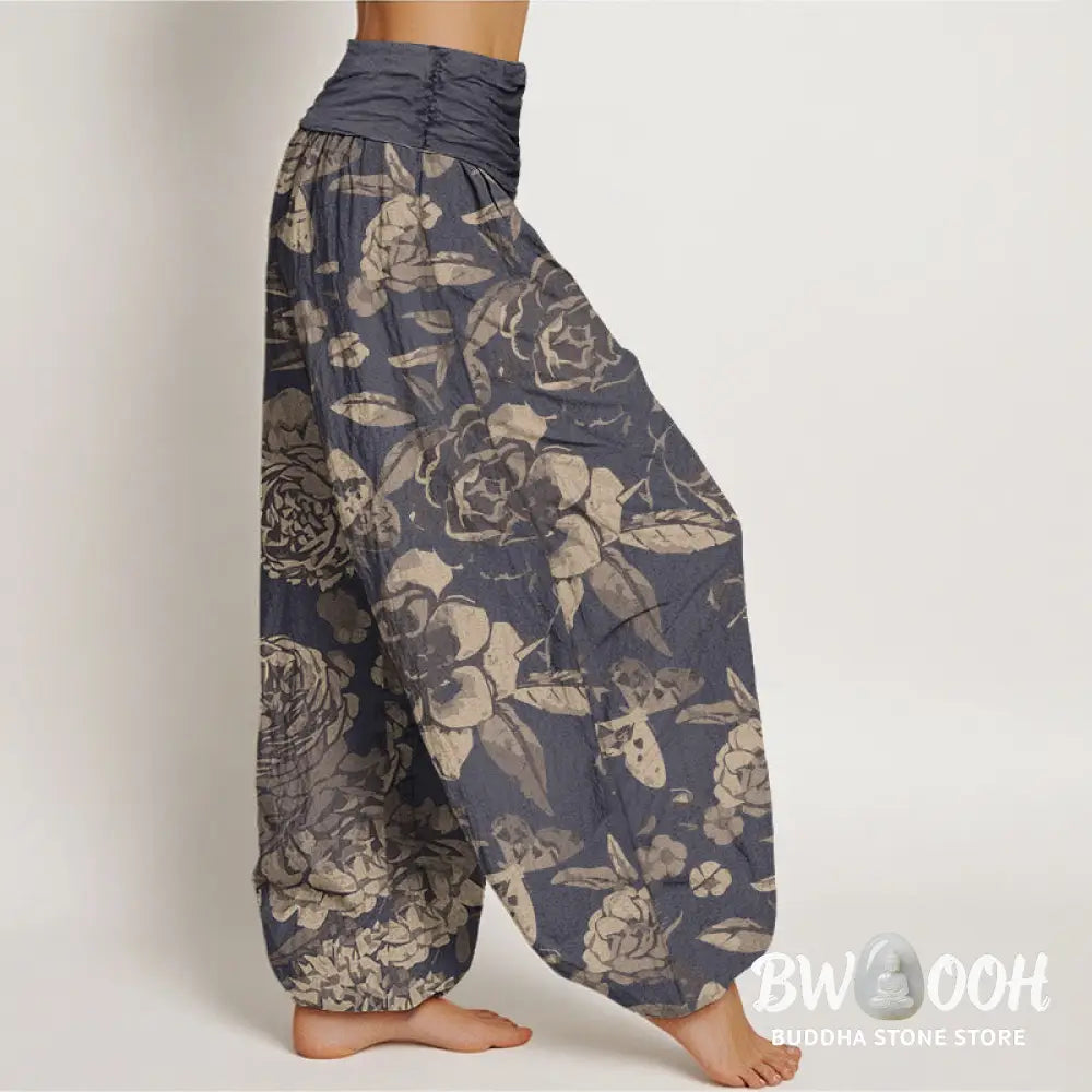 Buddha Stones Cotton Casual Peony Flowers Leaves Women's Elastic Waist Harem Pants - Women's Harem Pants