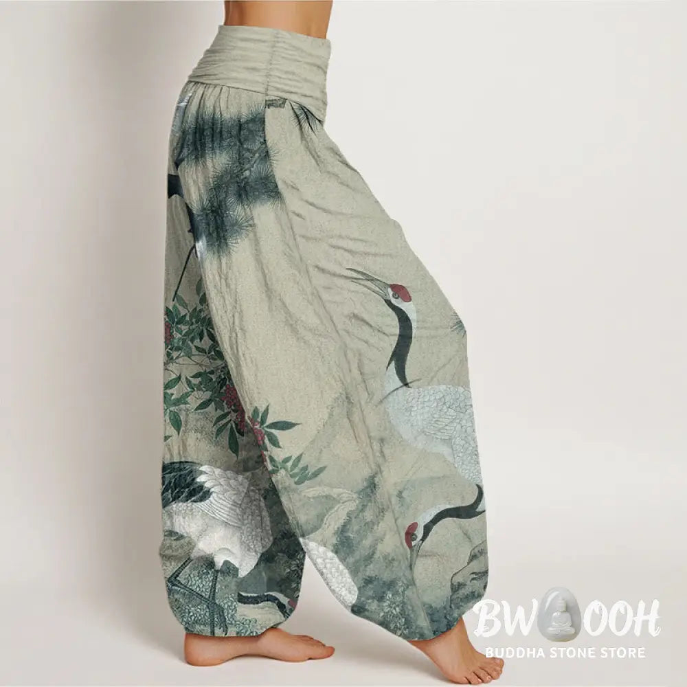 Buddha Stones Cotton Casual Red-crowned Crane Pine Tree Mountain Women’s Elastic Waist Harem Pants - Women’s Harem Pants