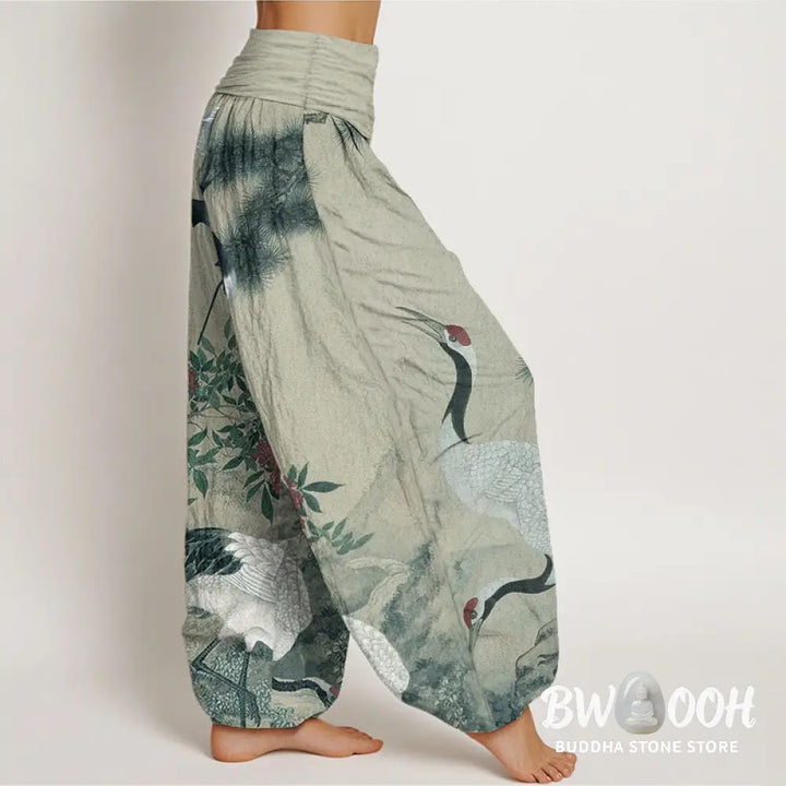 Buddha Stones Cotton Casual Red-crowned Crane Pine Tree Mountain Women’s Elastic Waist Harem Pants - Women’s Harem Pants