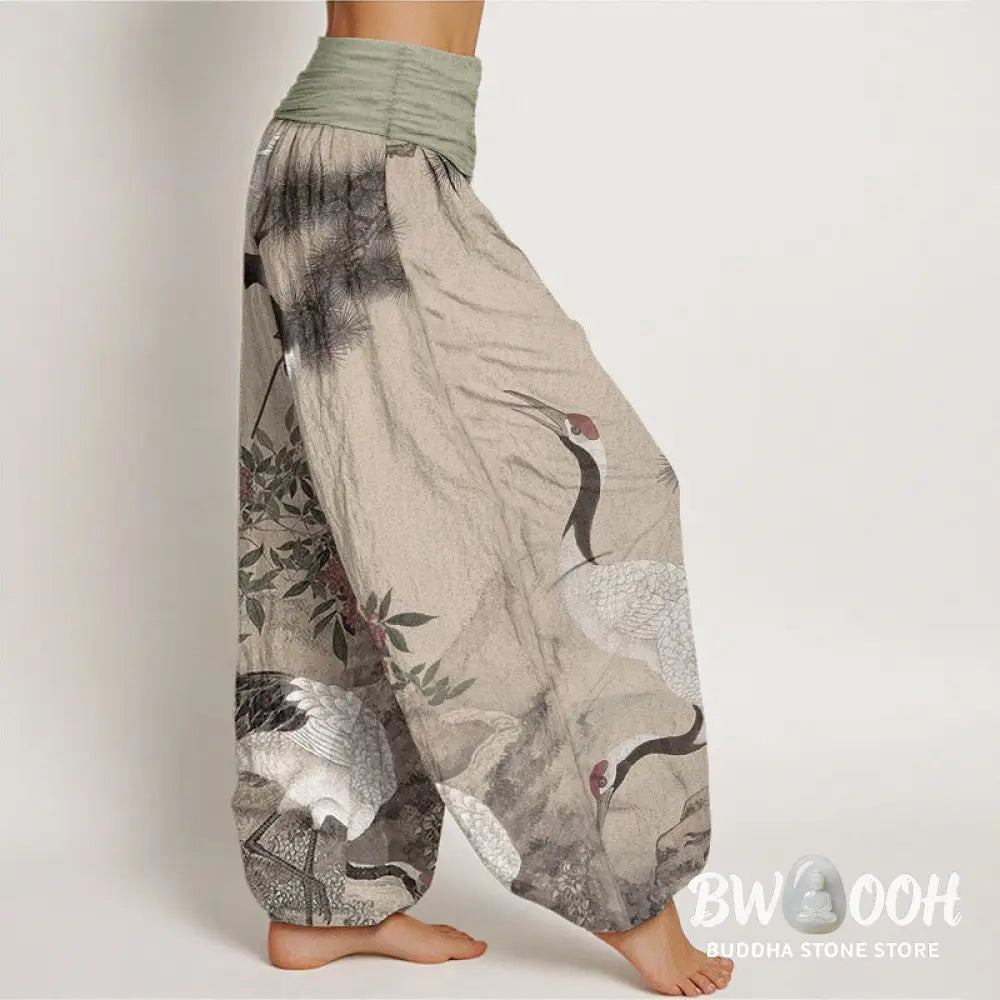 Buddha Stones Cotton Casual Red-crowned Crane Pine Tree Mountain Women’s Elastic Waist Harem Pants - Women’s Harem Pants