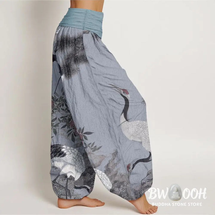 Buddha Stones Cotton Casual Red-crowned Crane Pine Tree Mountain Women’s Elastic Waist Harem Pants - Women’s Harem Pants