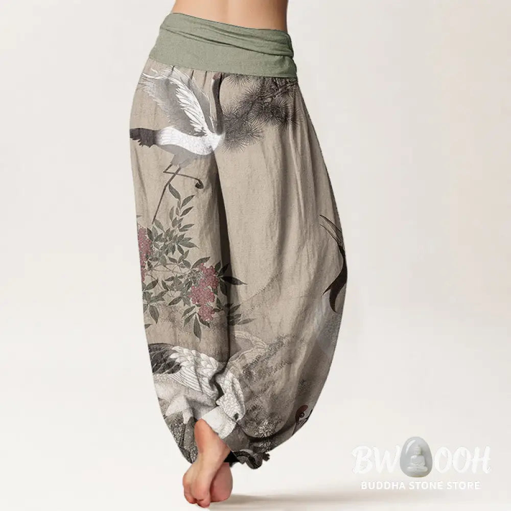 Buddha Stones Cotton Casual Red-crowned Crane Pine Tree Mountain Women’s Elastic Waist Harem Pants - Women’s Harem Pants