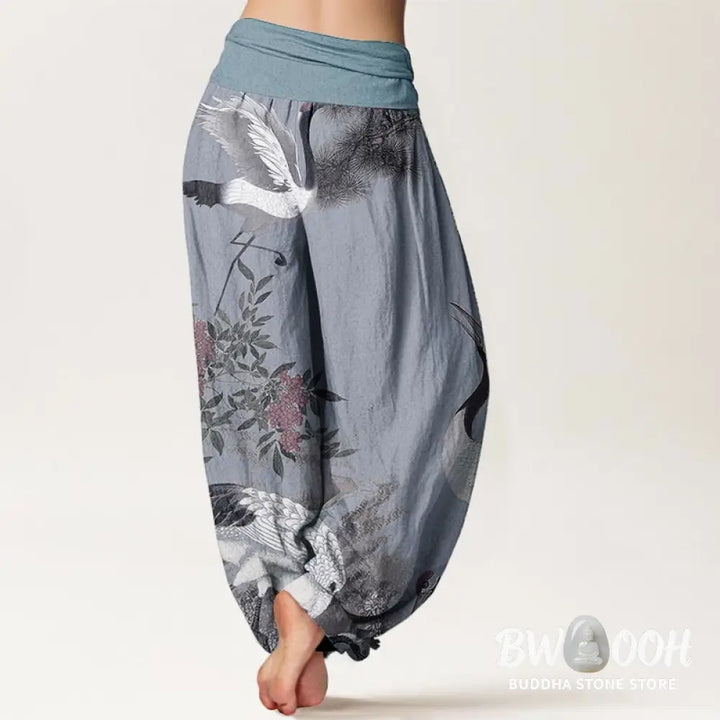Buddha Stones Cotton Casual Red-crowned Crane Pine Tree Mountain Women’s Elastic Waist Harem Pants - Women’s Harem Pants