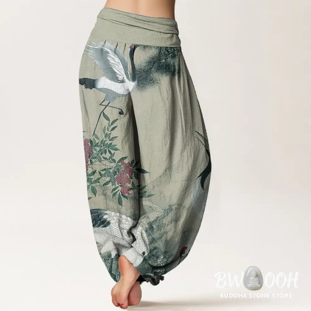 Buddha Stones Cotton Casual Red-crowned Crane Pine Tree Mountain Women’s Elastic Waist Harem Pants - Women’s Harem Pants