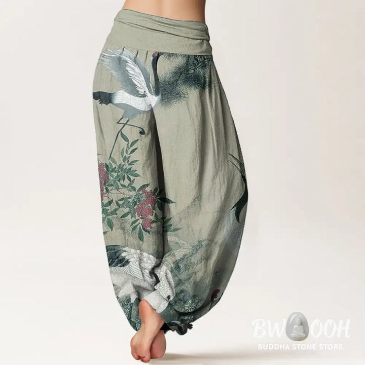 Buddha Stones Cotton Casual Red-crowned Crane Pine Tree Mountain Women’s Elastic Waist Harem Pants - Women’s Harem Pants