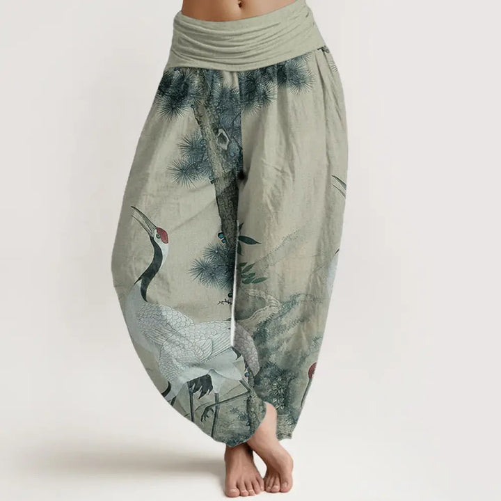 Buddha Stones Cotton Casual Red-crowned Crane Pine Tree Mountain Women’s Elastic Waist Harem Pants - DarkSeaGreen