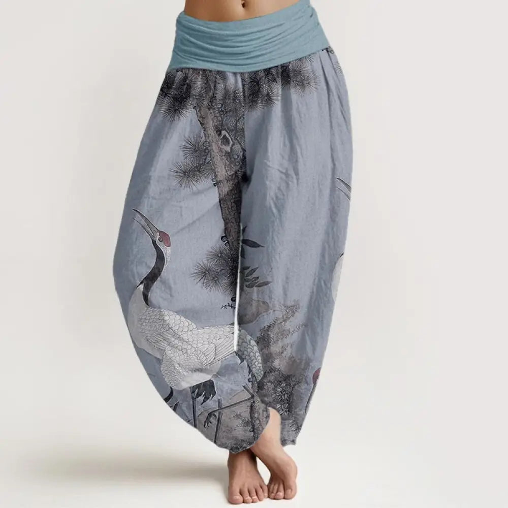 Buddha Stones Cotton Casual Red-crowned Crane Pine Tree Mountain Women’s Elastic Waist Harem Pants - LightSteelBlue