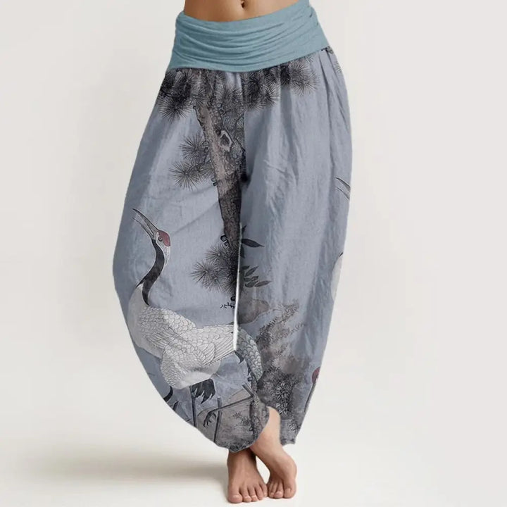 Buddha Stones Cotton Casual Red-crowned Crane Pine Tree Mountain Women’s Elastic Waist Harem Pants - LightSteelBlue