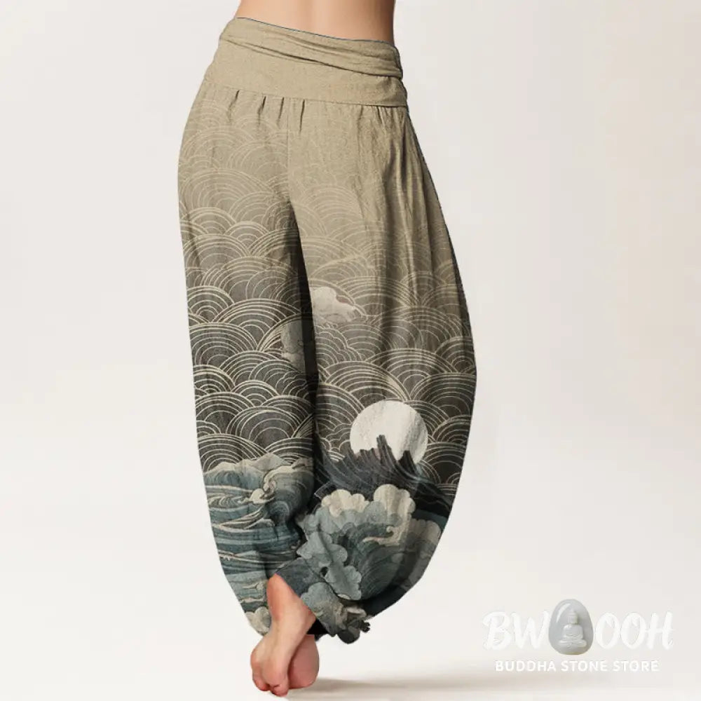 Buddha Stones Cotton Casual Wave Moon Mountain Pattern Women’s Elastic Waist Harem Pants - Women’s Harem Pants