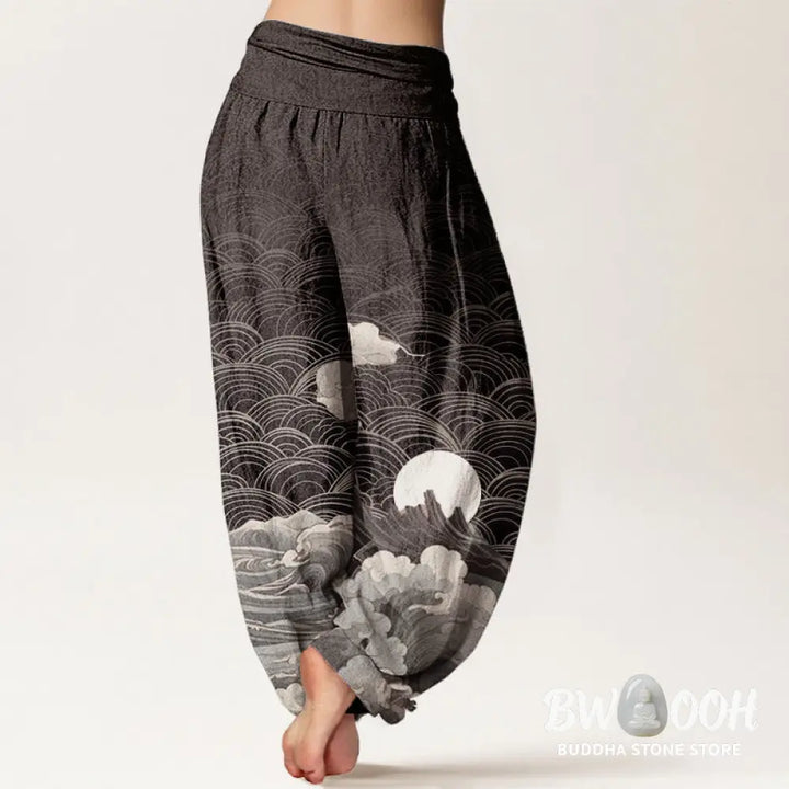 Buddha Stones Cotton Casual Wave Moon Mountain Pattern Women’s Elastic Waist Harem Pants - Women’s Harem Pants