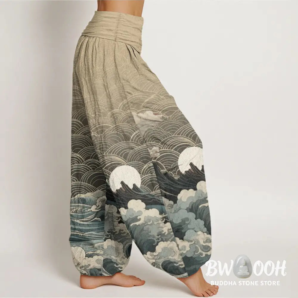 Buddha Stones Cotton Casual Wave Moon Mountain Pattern Women’s Elastic Waist Harem Pants - Women’s Harem Pants