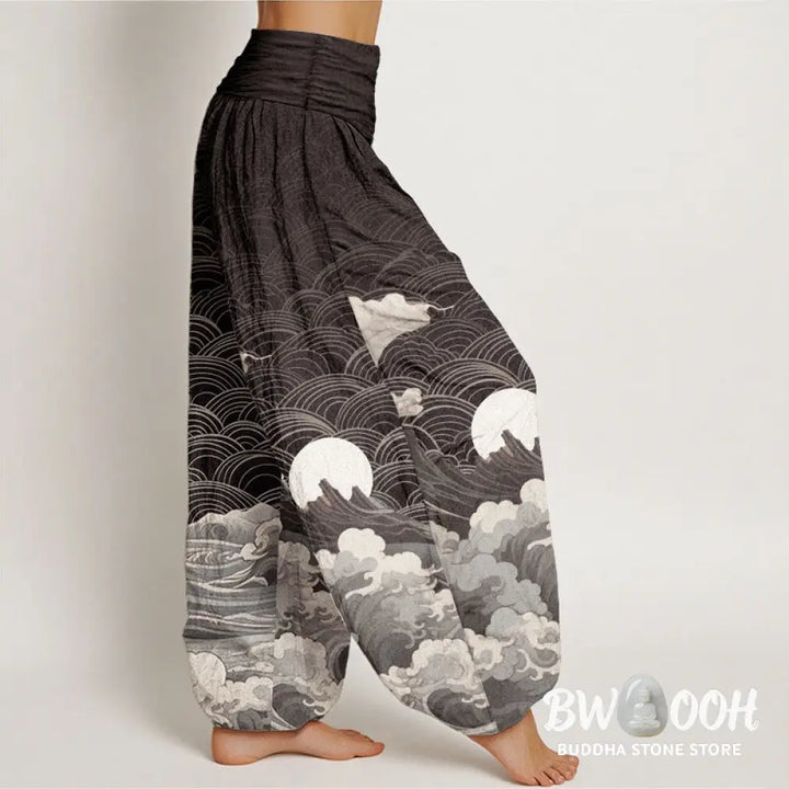 Buddha Stones Cotton Casual Wave Moon Mountain Pattern Women’s Elastic Waist Harem Pants - Women’s Harem Pants