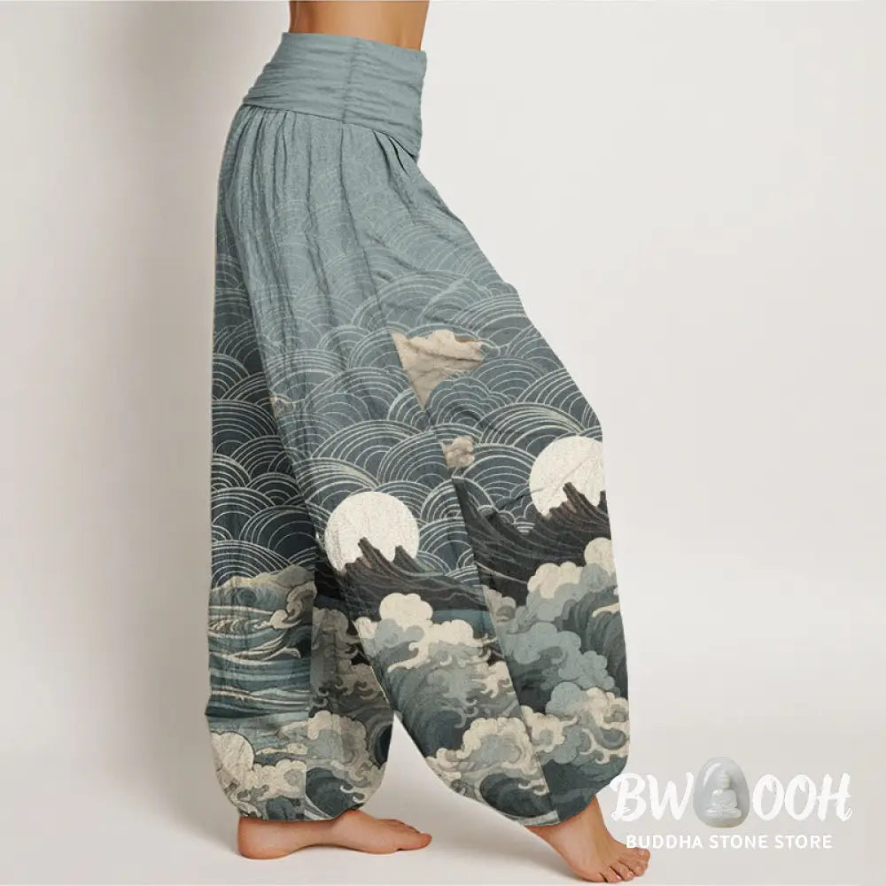 Buddha Stones Cotton Casual Wave Moon Mountain Pattern Women’s Elastic Waist Harem Pants - Women’s Harem Pants