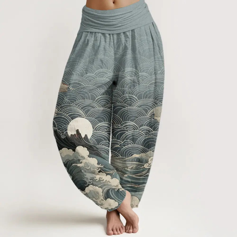 Buddha Stones Cotton Casual Wave Moon Mountain Pattern Women’s Elastic Waist Harem Pants - SkyBlue / US2，UK/AU6，EU34