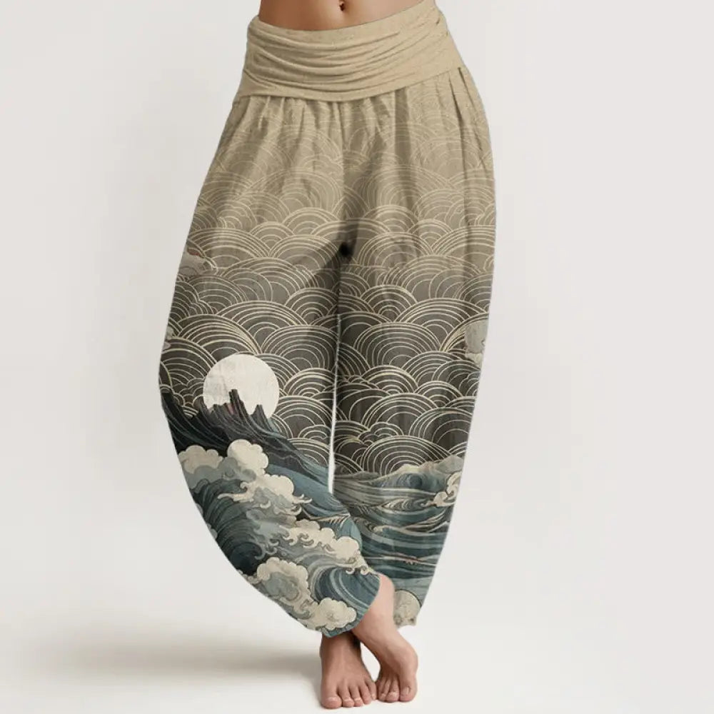 Buddha Stones Cotton Casual Wave Moon Mountain Pattern Women’s Elastic Waist Harem Pants - Wheat / US2，UK/AU6，EU34 (XS)