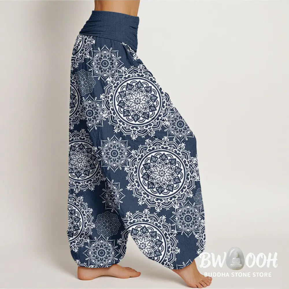 Buddha Stones Cotton Casual White Mandala Flower Design Women’s Elastic Waist Harem Pants - Women’s Harem Pants