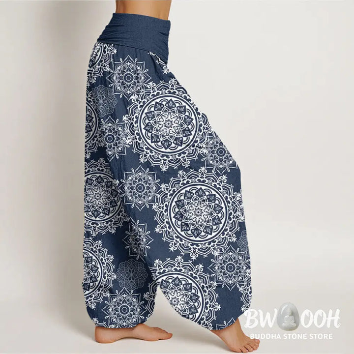 Buddha Stones Cotton Casual White Mandala Flower Design Women’s Elastic Waist Harem Pants - Women’s Harem Pants