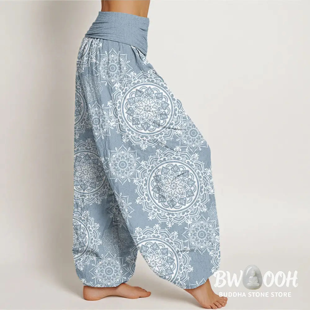 Buddha Stones Cotton Casual White Mandala Flower Design Women’s Elastic Waist Harem Pants - Women’s Harem Pants