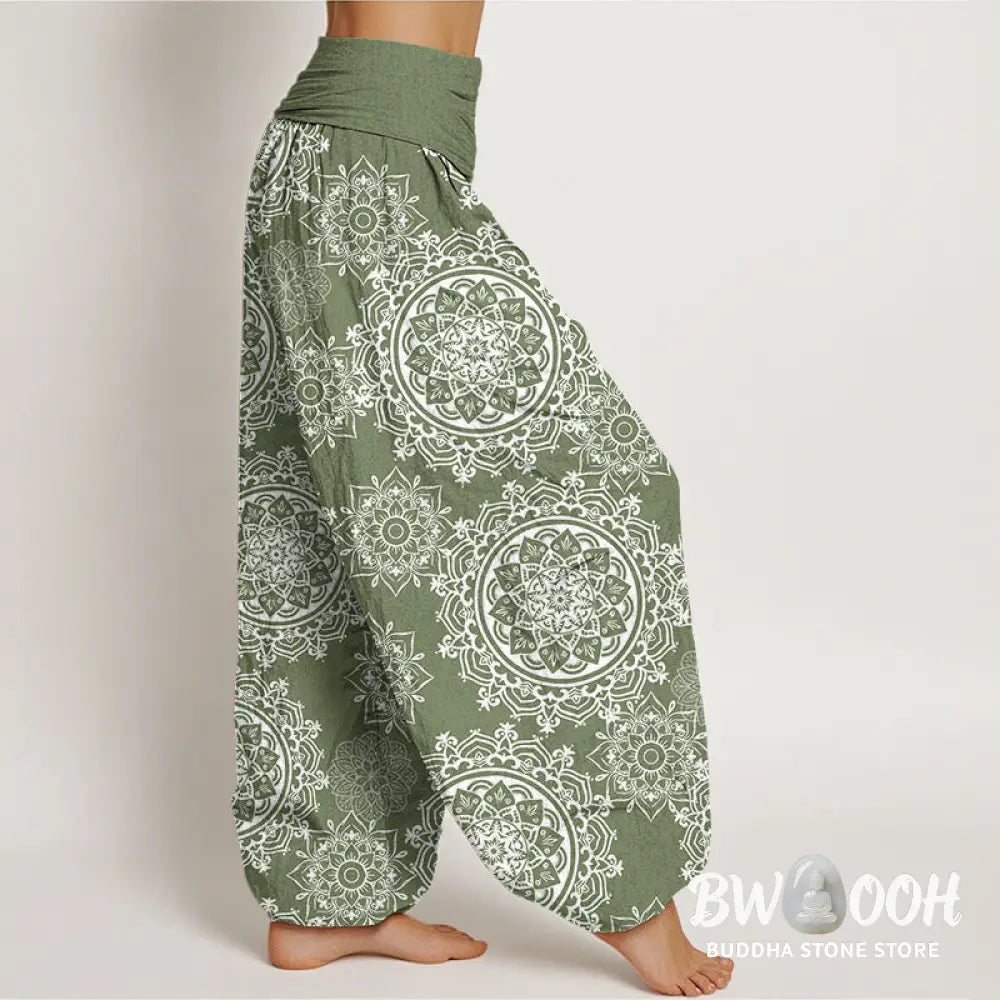 Buddha Stones Cotton Casual White Mandala Flower Design Women’s Elastic Waist Harem Pants - Women’s Harem Pants