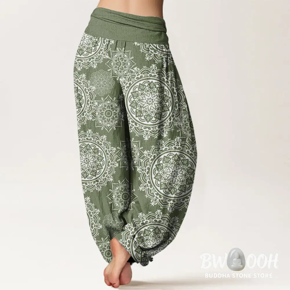 Buddha Stones Cotton Casual White Mandala Flower Design Women’s Elastic Waist Harem Pants - Women’s Harem Pants