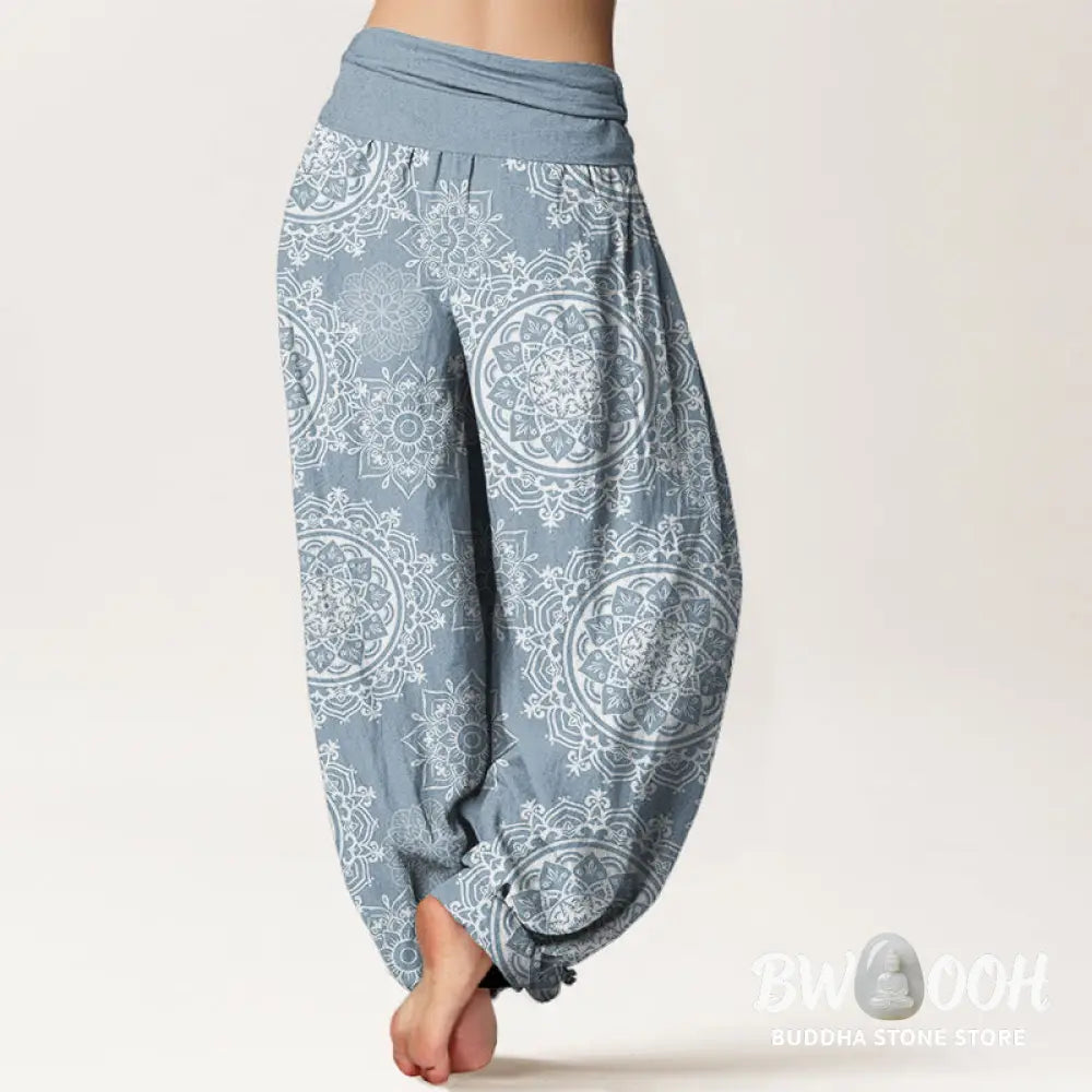 Buddha Stones Cotton Casual White Mandala Flower Design Women’s Elastic Waist Harem Pants - Women’s Harem Pants