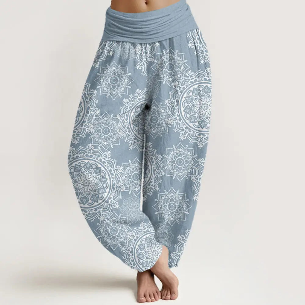 Buddha Stones Cotton Casual White Mandala Flower Design Women’s Elastic Waist Harem Pants - LightBlue / US2，UK/AU6，EU34