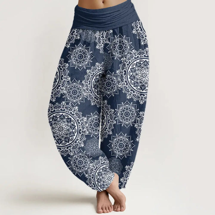 Buddha Stones Cotton Casual White Mandala Flower Design Women’s Elastic Waist Harem Pants - SteelBlue / US2，UK/AU6，EU34
