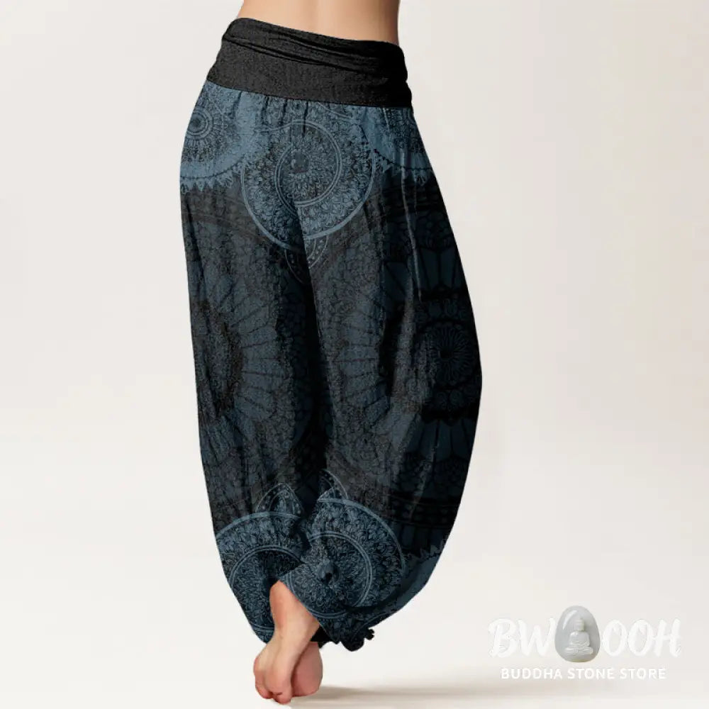 Buddha Stones Cotton Circular Mandala Design Women’s Elastic Waist Harem Pants - Women’s Harem Pants