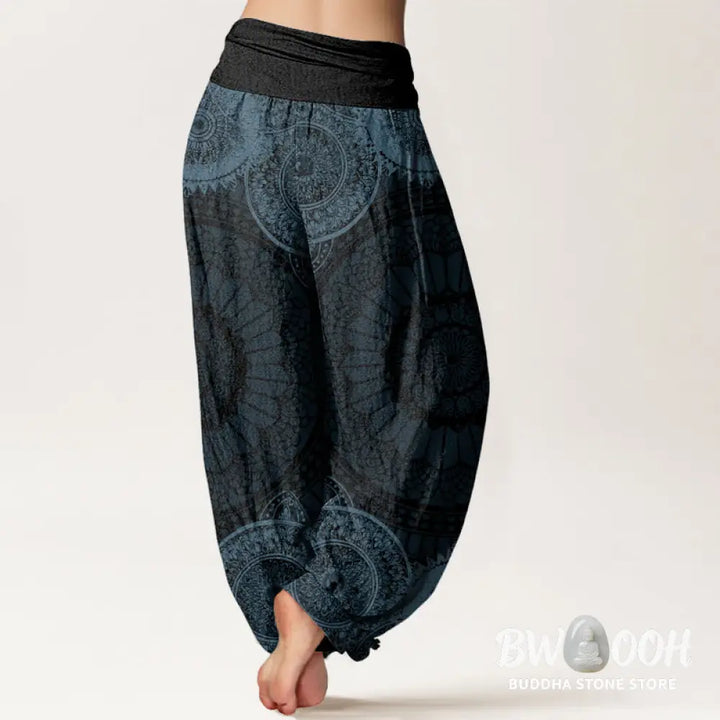 Buddha Stones Cotton Circular Mandala Design Women’s Elastic Waist Harem Pants - Women’s Harem Pants