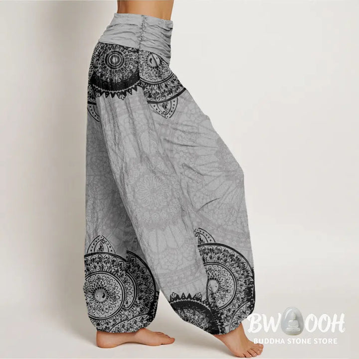 Buddha Stones Cotton Circular Mandala Design Women’s Elastic Waist Harem Pants - Women’s Harem Pants