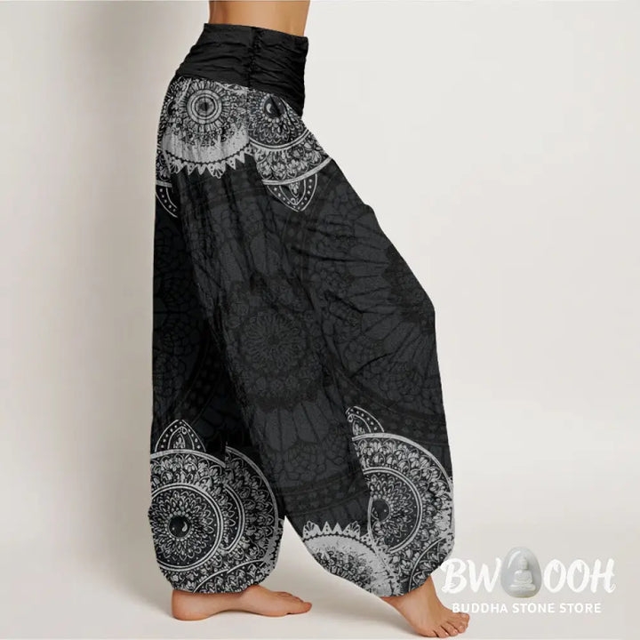 Buddha Stones Cotton Circular Mandala Design Women’s Elastic Waist Harem Pants - Women’s Harem Pants