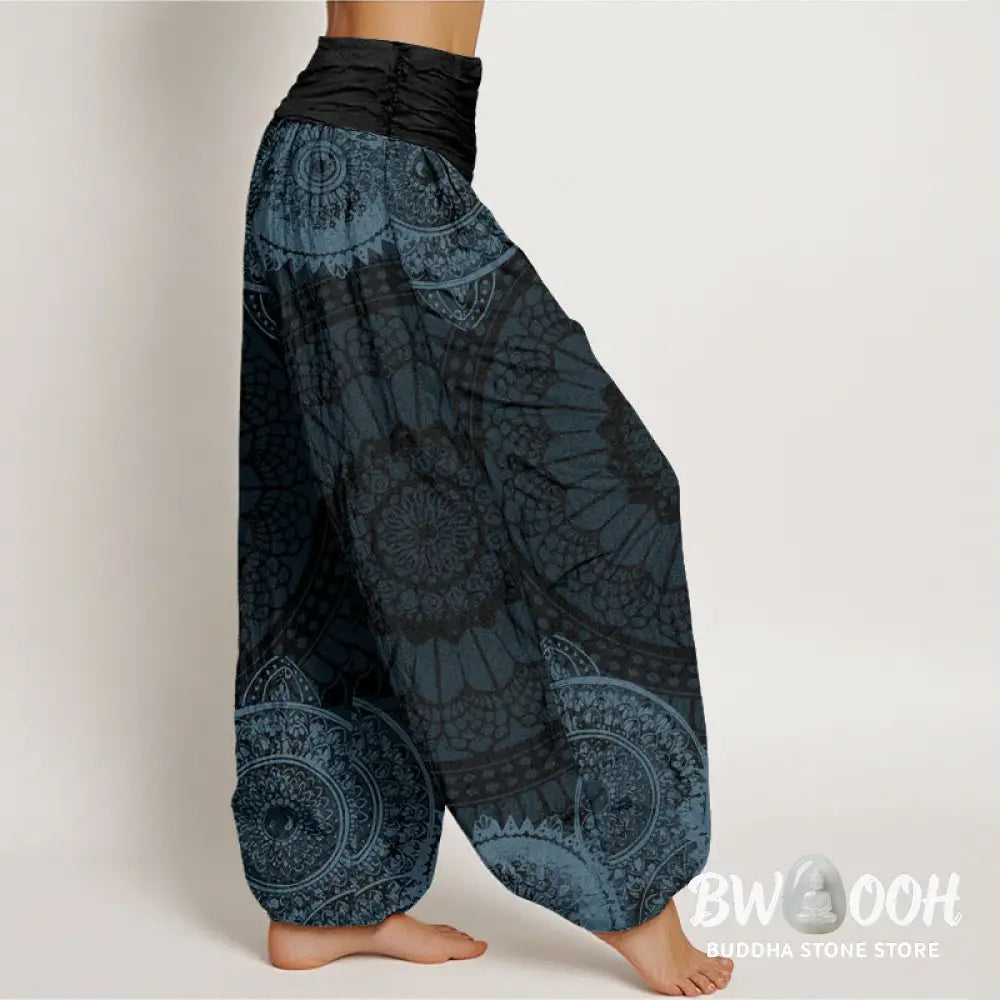 Buddha Stones Cotton Circular Mandala Design Women’s Elastic Waist Harem Pants - Women’s Harem Pants