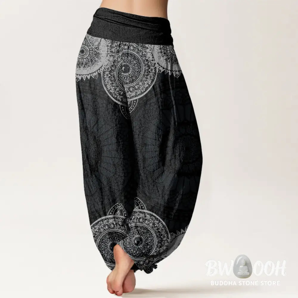 Buddha Stones Cotton Circular Mandala Design Women’s Elastic Waist Harem Pants - Women’s Harem Pants