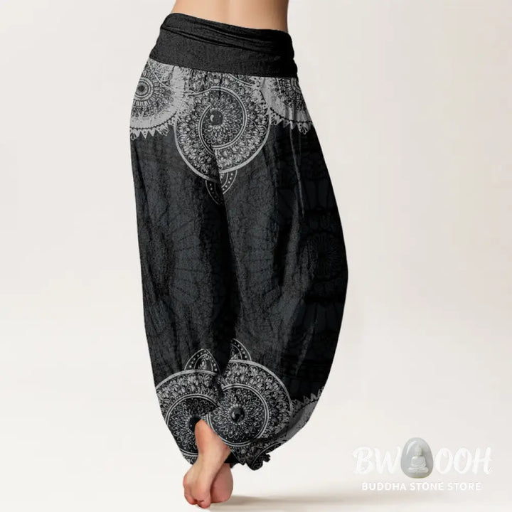 Buddha Stones Cotton Circular Mandala Design Women’s Elastic Waist Harem Pants - Women’s Harem Pants