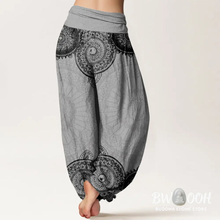 Buddha Stones Cotton Circular Mandala Design Women’s Elastic Waist Harem Pants - Women’s Harem Pants