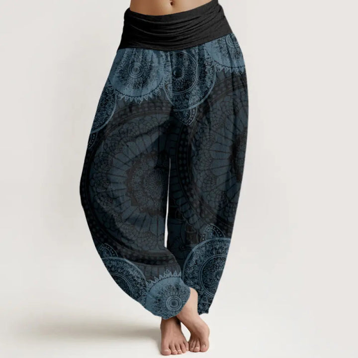 Buddha Stones Cotton Circular Mandala Design Women’s Elastic Waist Harem Pants - Gray / US2，UK/AU6，EU34 (XS) - Women’s