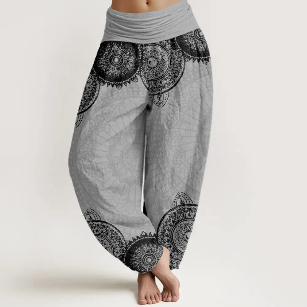 Buddha Stones Cotton Circular Mandala Design Women’s Elastic Waist Harem Pants - LightGrey / US2，UK/AU6，EU34 (XS)