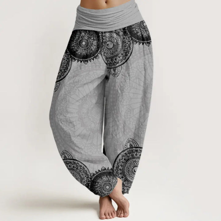 Buddha Stones Cotton Circular Mandala Design Women’s Elastic Waist Harem Pants - LightGrey / US2，UK/AU6，EU34 (XS)