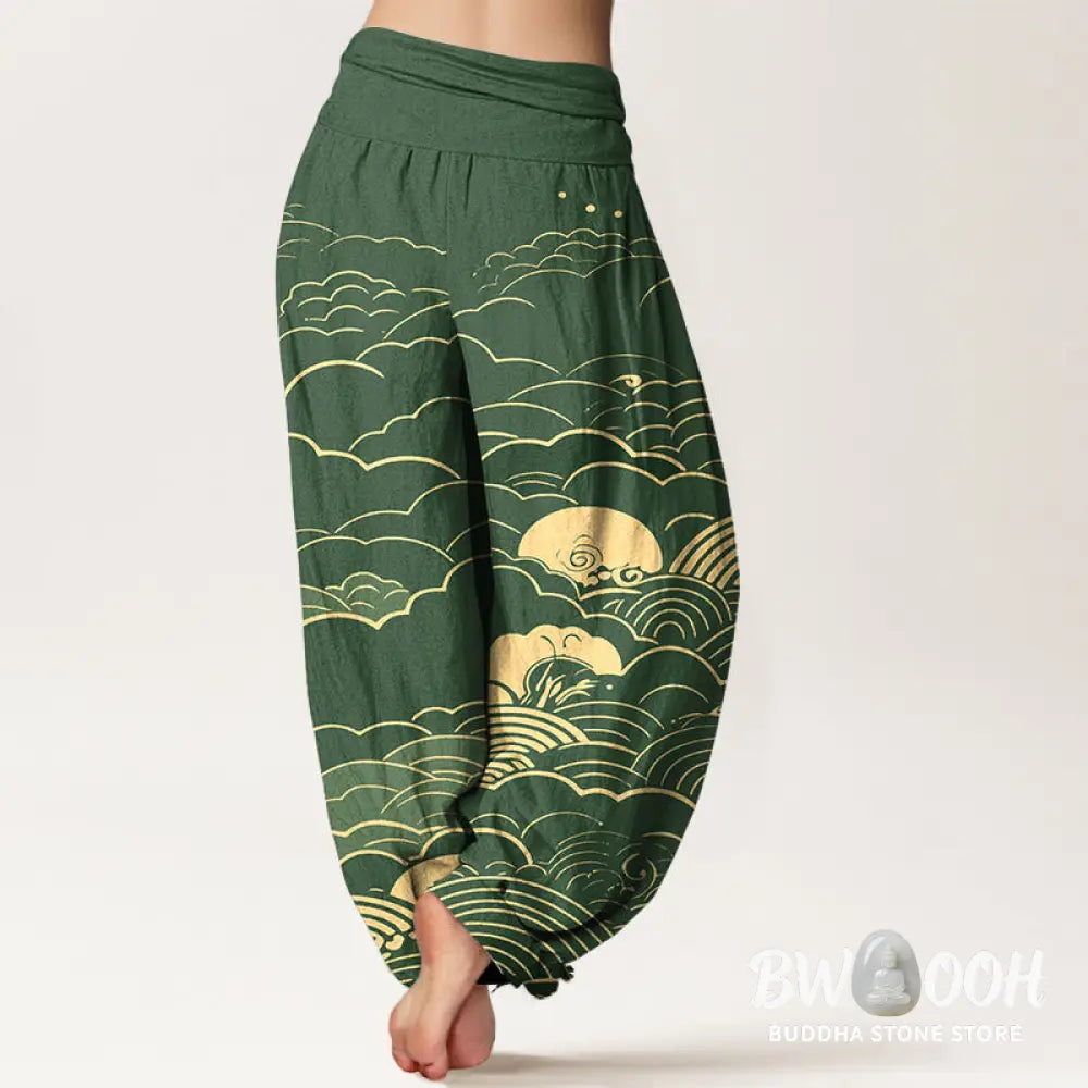 Buddha Stones Cotton Classical Clouds Spiral Pattern Women’s Elastic Waist Harem Pants - Women’s Harem Pants