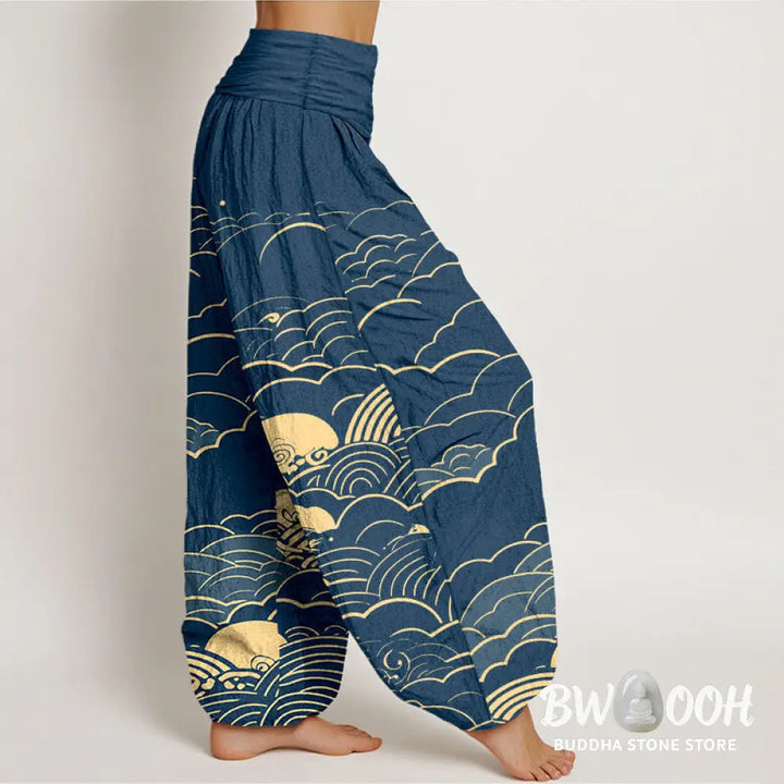 Buddha Stones Cotton Classical Clouds Spiral Pattern Women’s Elastic Waist Harem Pants - Women’s Harem Pants