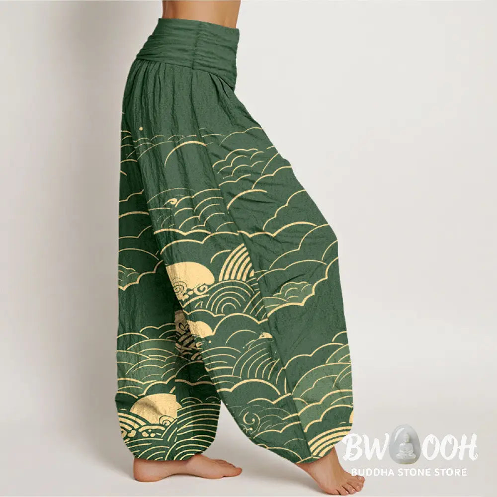 Buddha Stones Cotton Classical Clouds Spiral Pattern Women’s Elastic Waist Harem Pants - Women’s Harem Pants