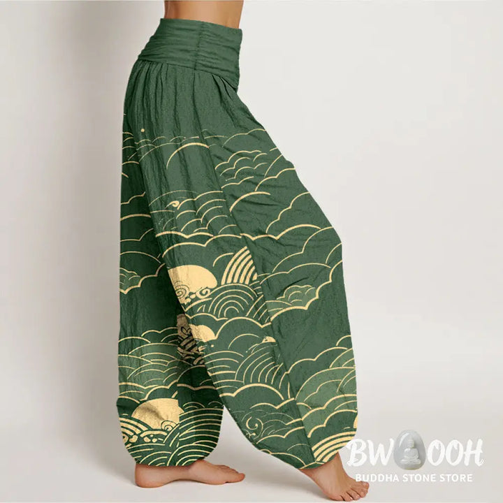Buddha Stones Cotton Classical Clouds Spiral Pattern Women’s Elastic Waist Harem Pants - Women’s Harem Pants