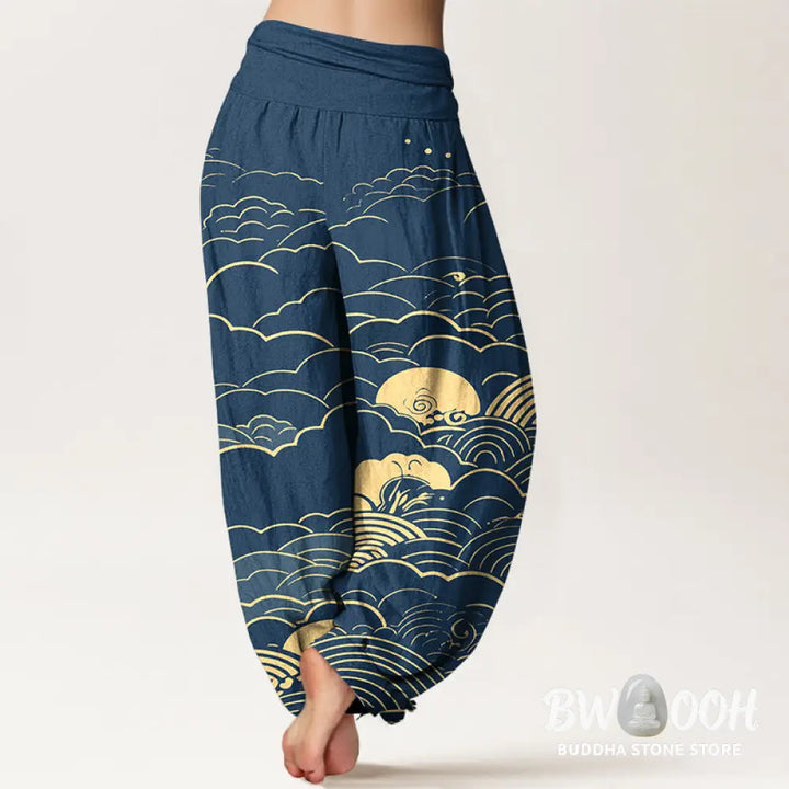 Buddha Stones Cotton Classical Clouds Spiral Pattern Women’s Elastic Waist Harem Pants - Women’s Harem Pants