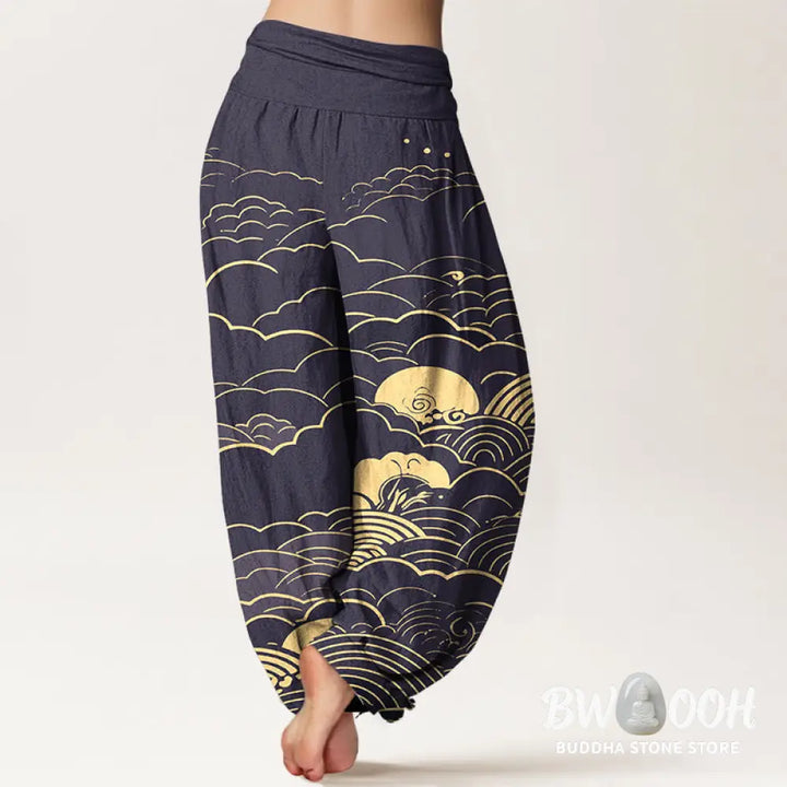 Buddha Stones Cotton Classical Clouds Spiral Pattern Women’s Elastic Waist Harem Pants - Women’s Harem Pants