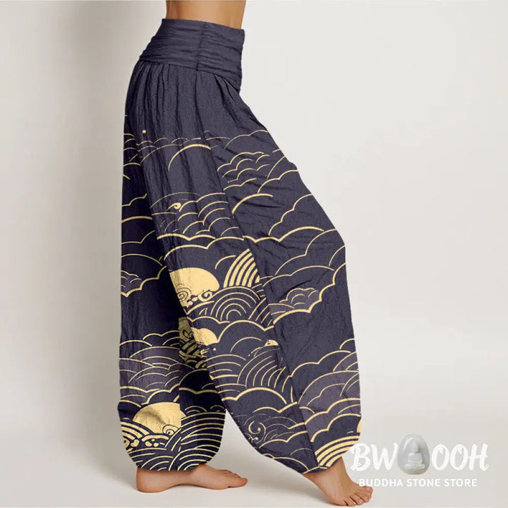 Buddha Stones Cotton Classical Clouds Spiral Pattern Women’s Elastic Waist Harem Pants - Women’s Harem Pants
